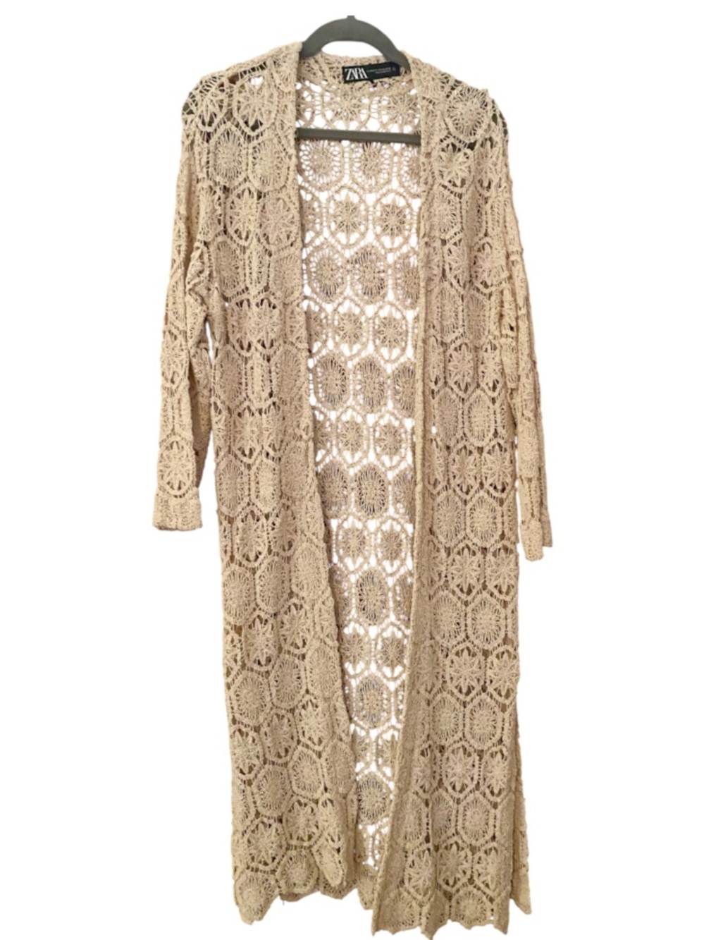 Zara Beige Crochet Lace Duster Cardigan XS S Floral Medallion Boho Open Front